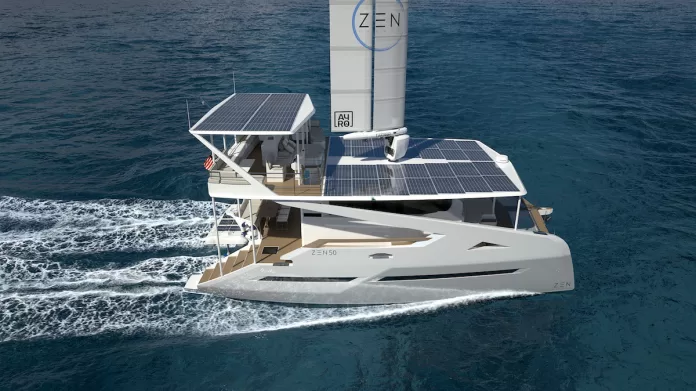 The ZEN50 is a zero-emission solar and wind-powered blue water catamaran