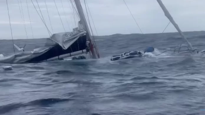 The yacht IdaLina pictured as she sank after suffering rudder stock failure. Photo courtesy ClubRacer