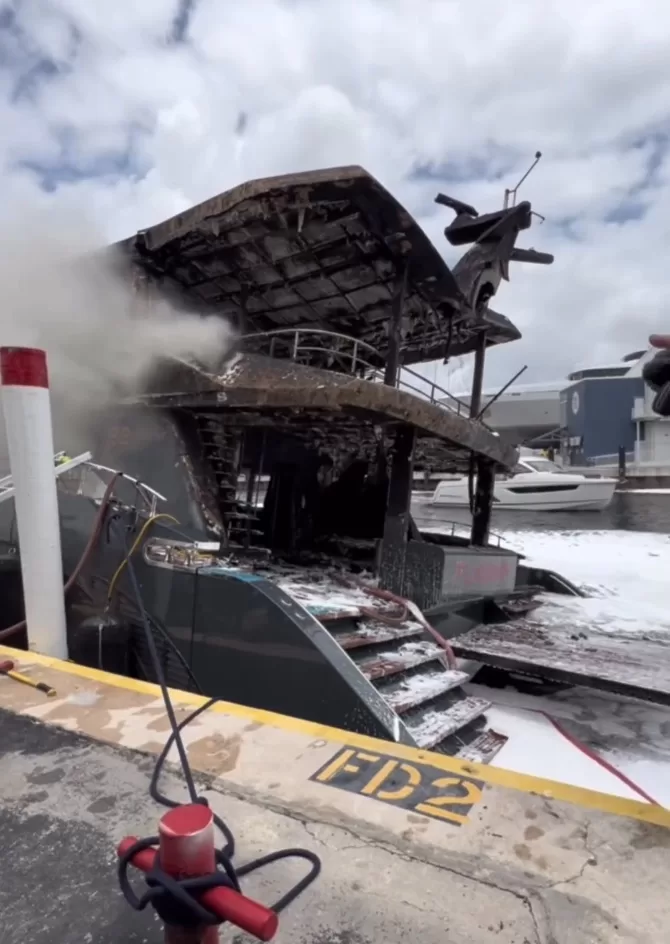 Vision Yachts 82ft yacht on fire in Miami. Photo courtesy Miami Fire Rescue
