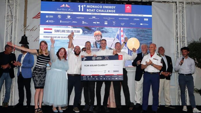 The Sunflare Solar Team celebrates at the 11th Monaco Energy Boat Challenge. Photo courtesy Tano Pecoraro/Lapresse