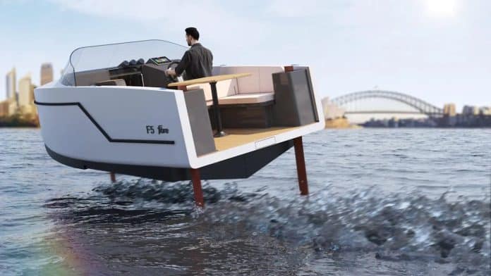 The F5 is said to be the first Australian-manufactured electric hydrofoil boat. Photo courtesy Fibre Boat