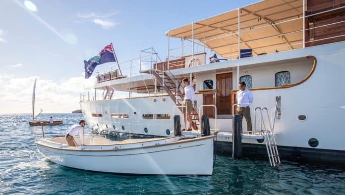 The 59m Camper & Nicolson classic Marala restored at Pendennis in 2022 with her Cockwells custom built tender alongside. Image credit Stuart Pearce – Yacht Shot