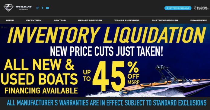 Tommy's Boats is advertising an inventory liquidation sale